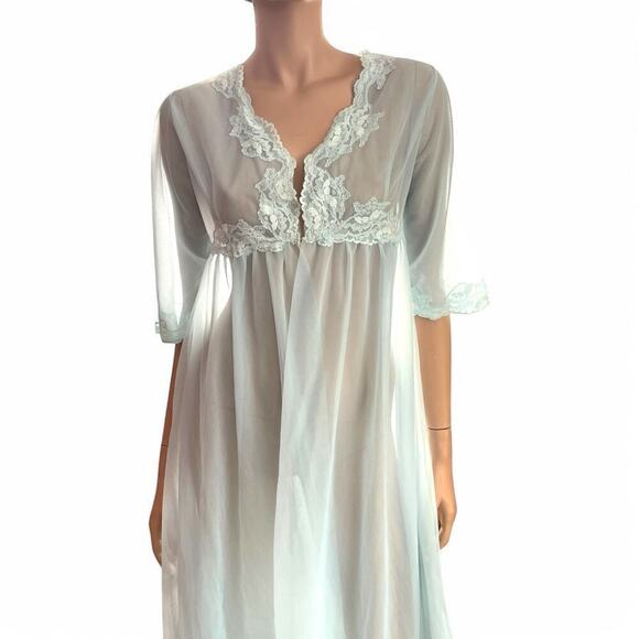 Vintage Blue Chiffon Tulle Lace Robe Double Layer Lingerie - Picture 5 of 9